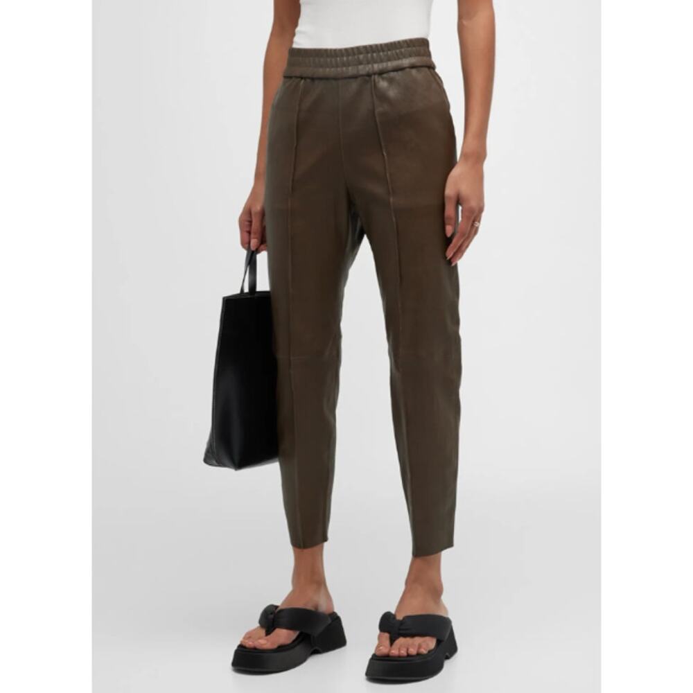 Sprwmn High-Waist Leather Joggers Size Large L Brown Taupe Gray Pull-on Raw Hem